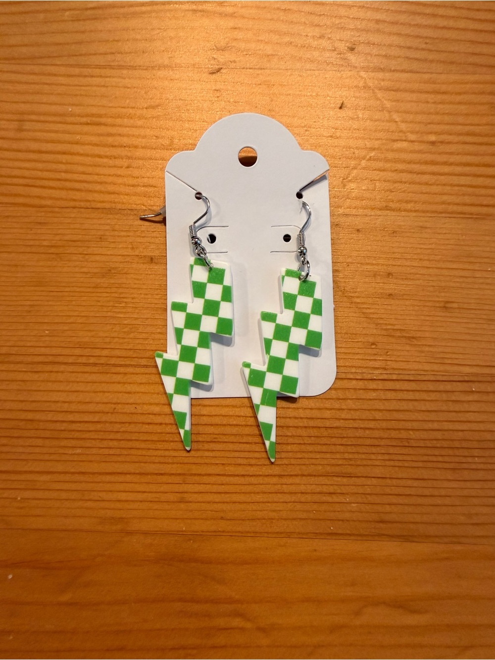 Green Checkerboard Lightning Bolt Earrings for Kids